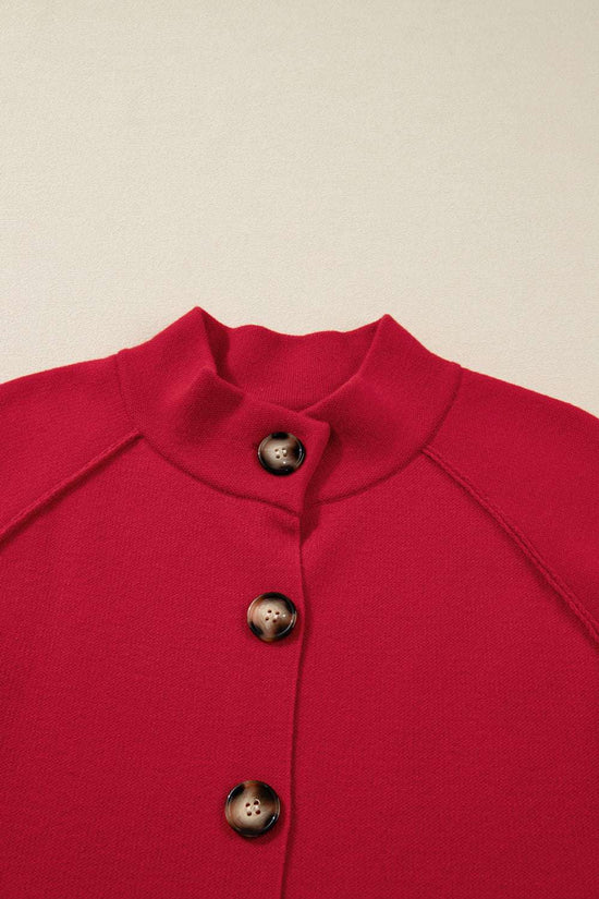 Top view of the Red Collared Wrap Cardigan Jacket showing button details and high neckline for a cozy winter look.