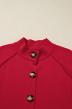 Top view of the Red Collared Wrap Cardigan Jacket showing button details and high neckline for a cozy winter look.