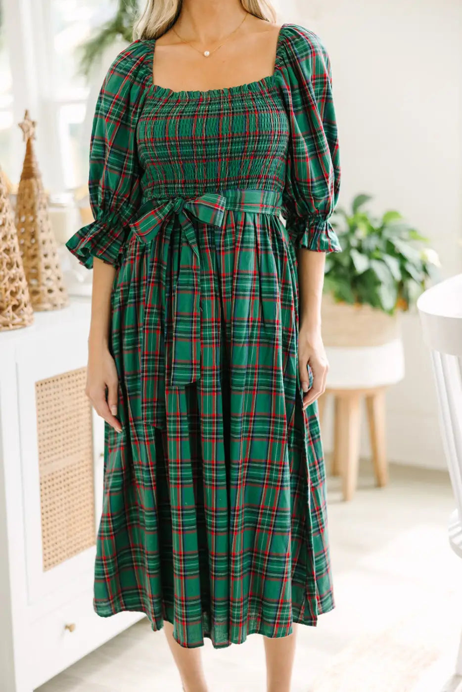 Red green tartan plaid flared midi dress dresses