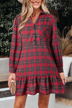 Model wearing red plaid shirt dress with button front and ruffle hem