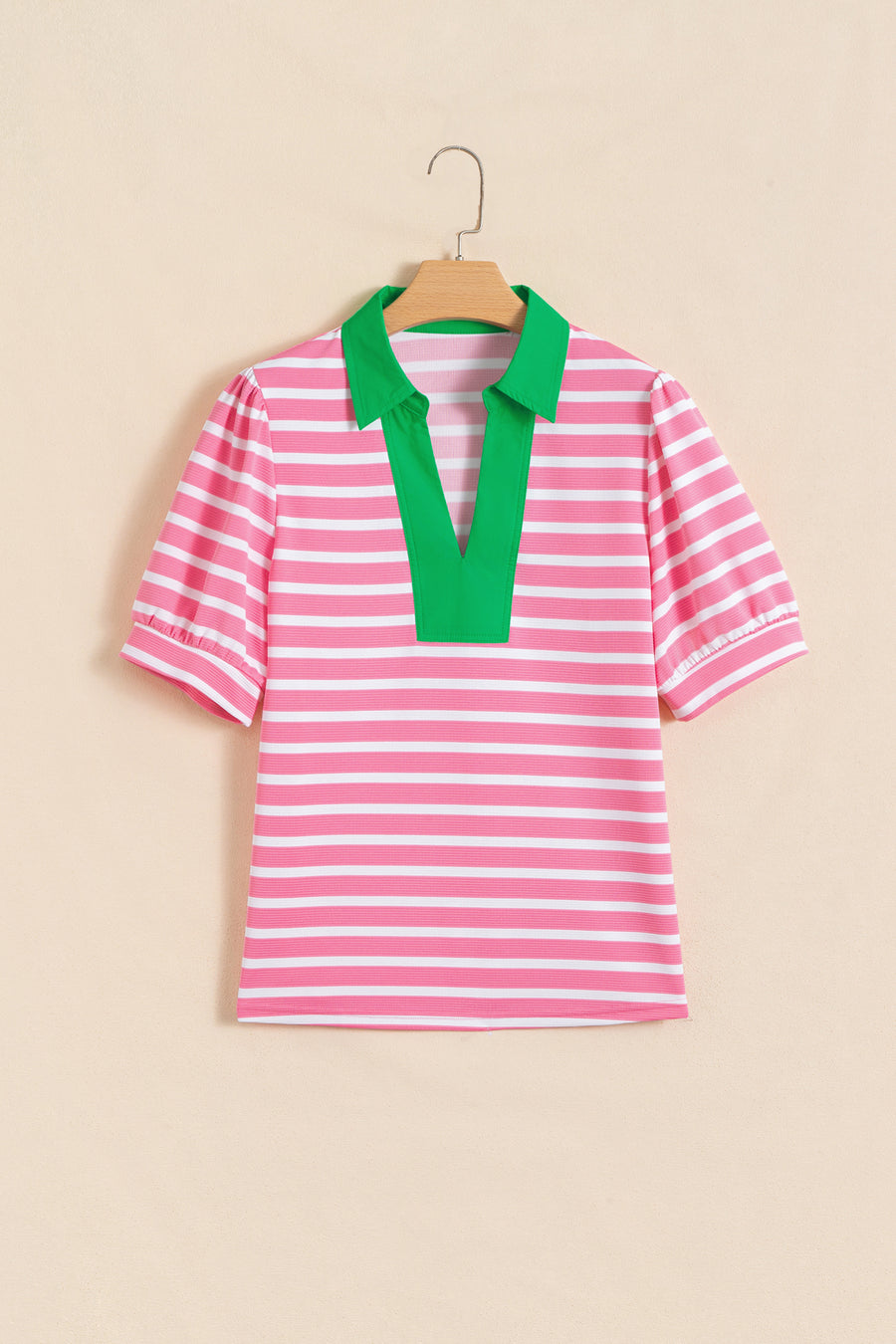 Striped Puff Sleeve Colour Block Polo Collar Blouse Women UK