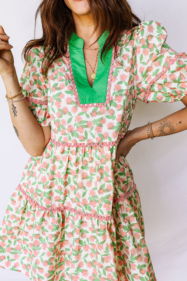 Green ricrac trim floral contrast neckline puff sleeve dress women UK front view
