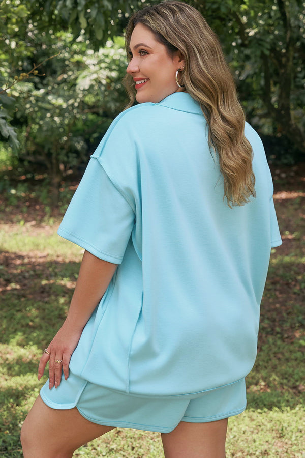 Mist Blue Plus Size Mock Neck Short Set Women UK — 1X to 4X