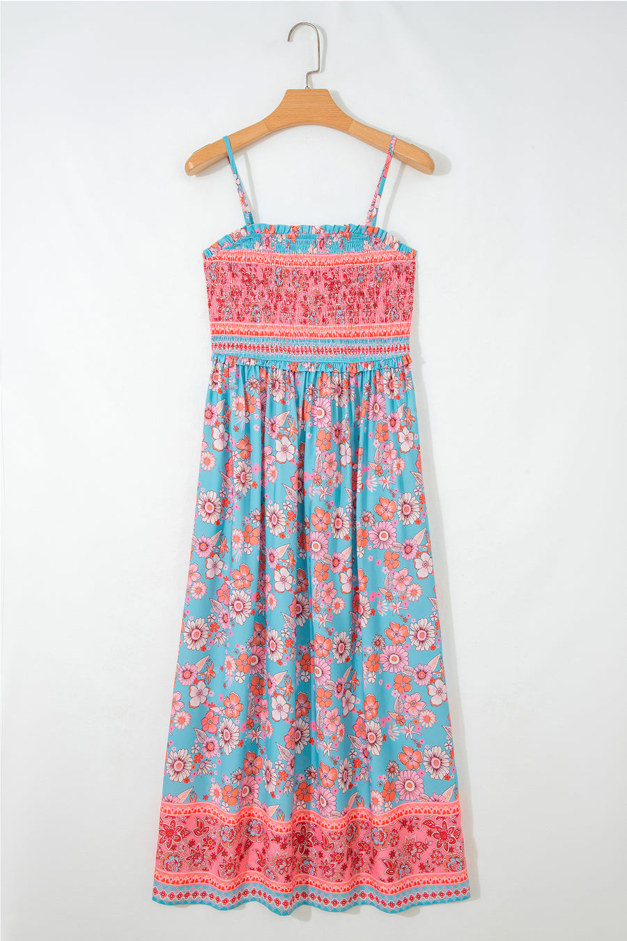 Sky Blue Bohemian Ethnic Print Spaghetti Straps Vacation Maxi Dress