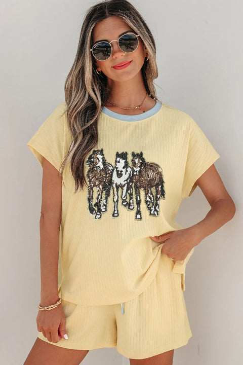 Ribbed knit sequin horse patch two-piece short set side view — Fashionfitz UK