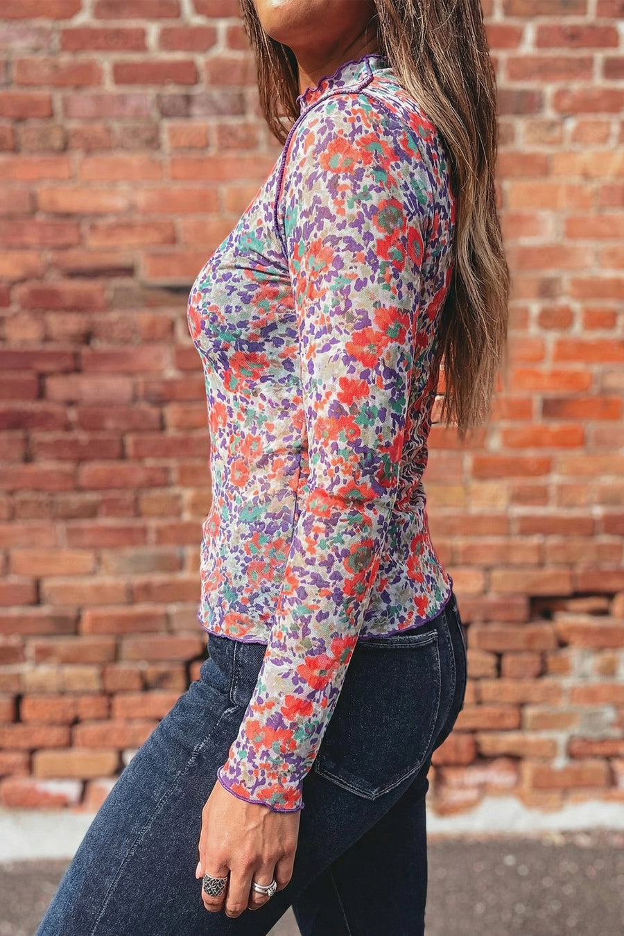 Western Print Mesh Mock Neck Slim Top Long Sleeve High Stretch