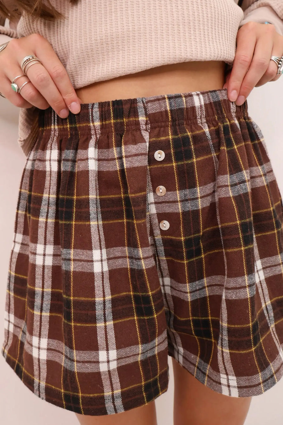 Plaid Button Front Elastic Waist Shorts