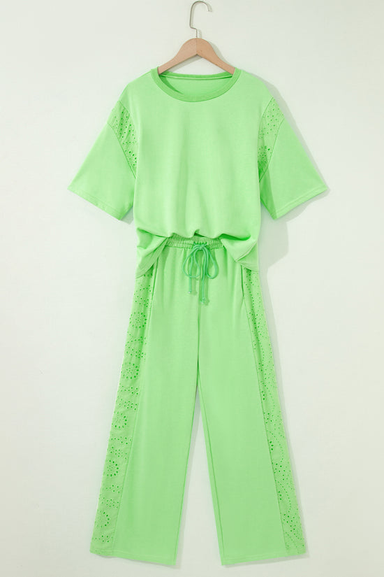 Lace Patchwork Half Sleeve Top & Wide Leg Pants Two Piece Set