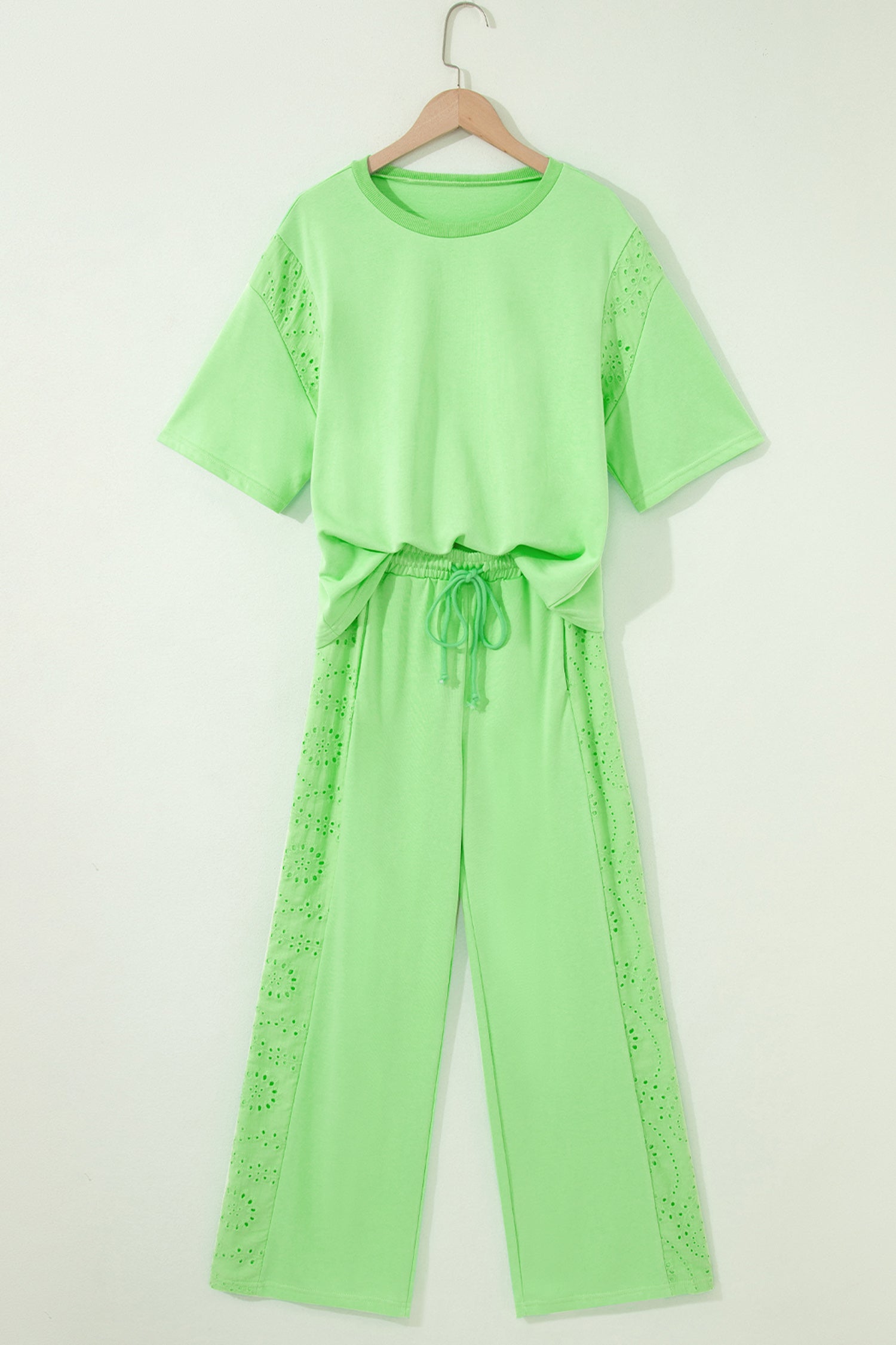 Lace Patchwork Half Sleeve Top & Wide Leg Pants Two Piece Set