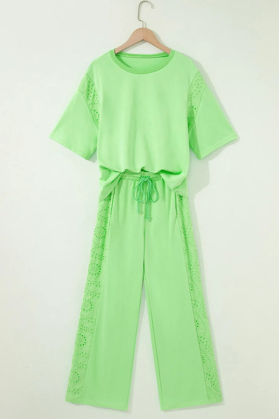 Lace Patchwork Half Sleeve Top & Wide Leg Pants Two Piece Set