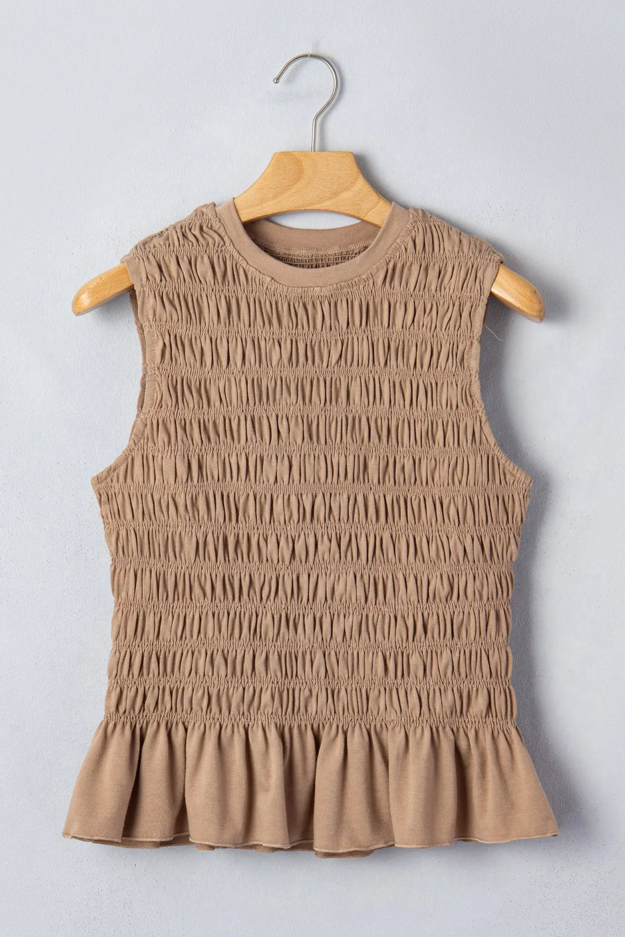 Smoke gray shirred slim fit ruffle hem tank top front view | Fashionfitz UK