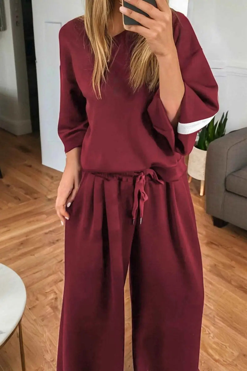Co-ord knitted wide leg jogger with varsity stripes in burgundy