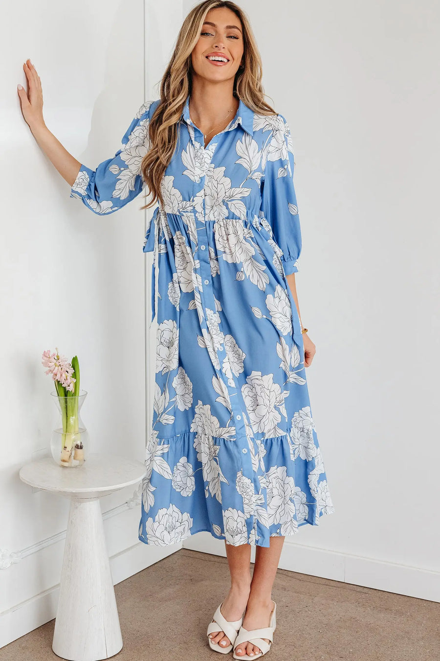 Sky Blue Floral Shirt Collar 3/4 Sleeve Long Dress Women UK
