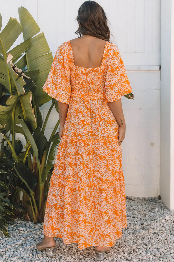 Orange Floral Smocked V Neck Wide Sleeve Maxi Dress Women UK