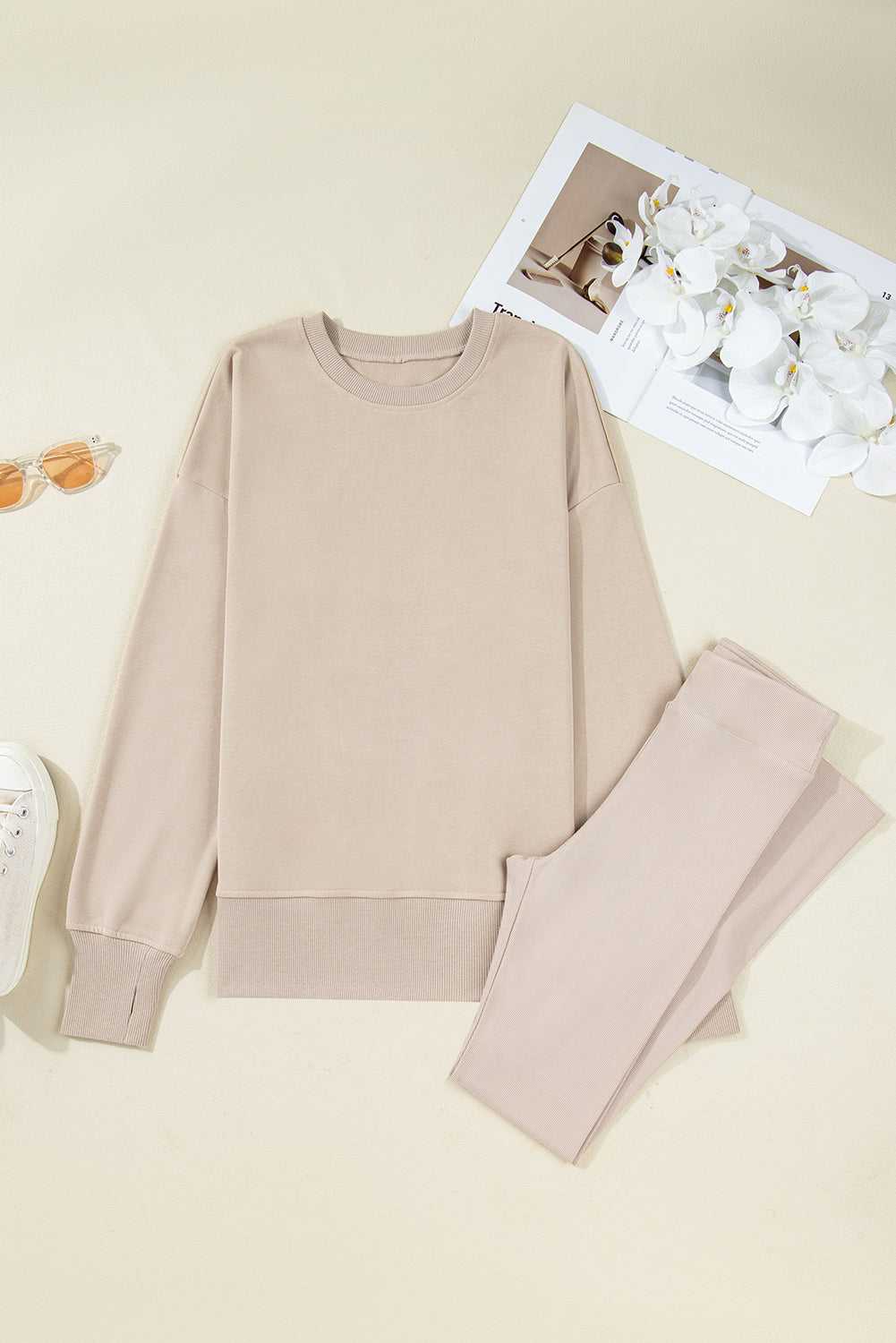 Flat lay of beige Oversized Sweatshirt and Leggings Matching Set, showing the full two-piece outfit ideal for fall loungewear and casual wear.
