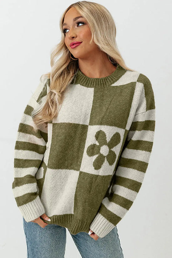 Brown checkered floral print striped sleeve sweater