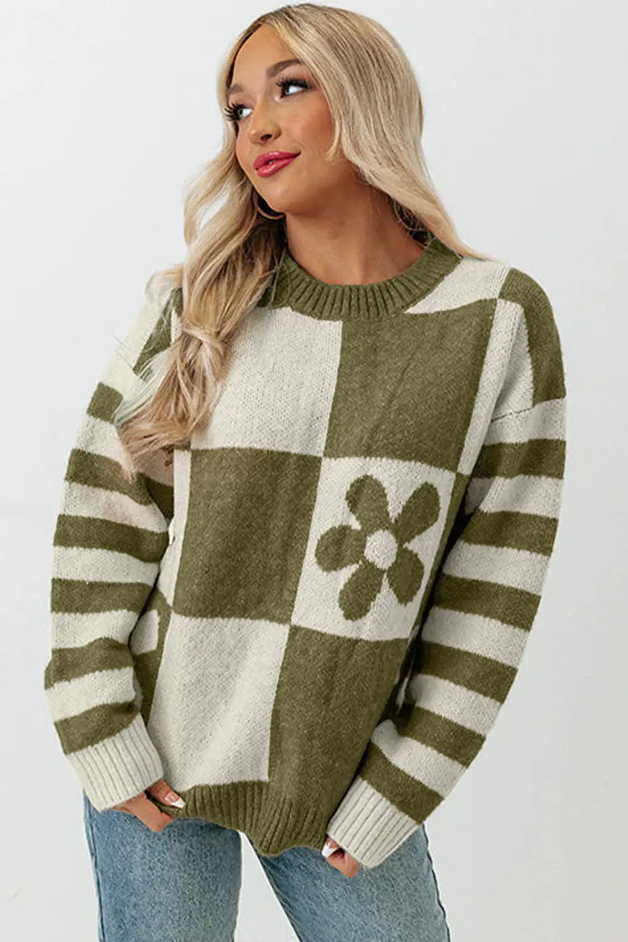 Brown checkered floral print striped sleeve sweater