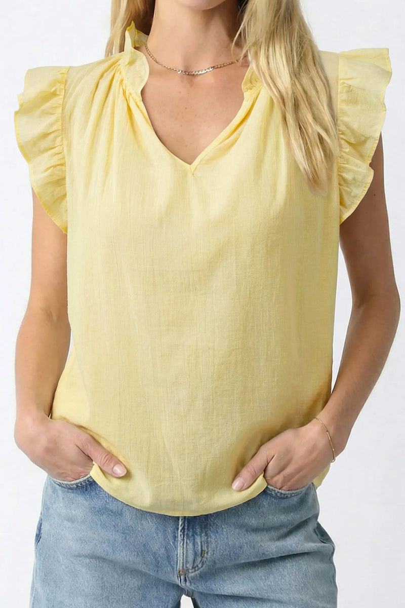 V-neck ruffle trim sleeveless shift top back view — Fashionfitz UK