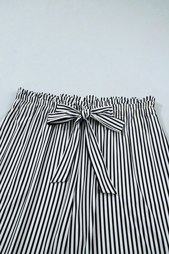 Black stripe plus size wide leg trousers elastic waist bow pockets