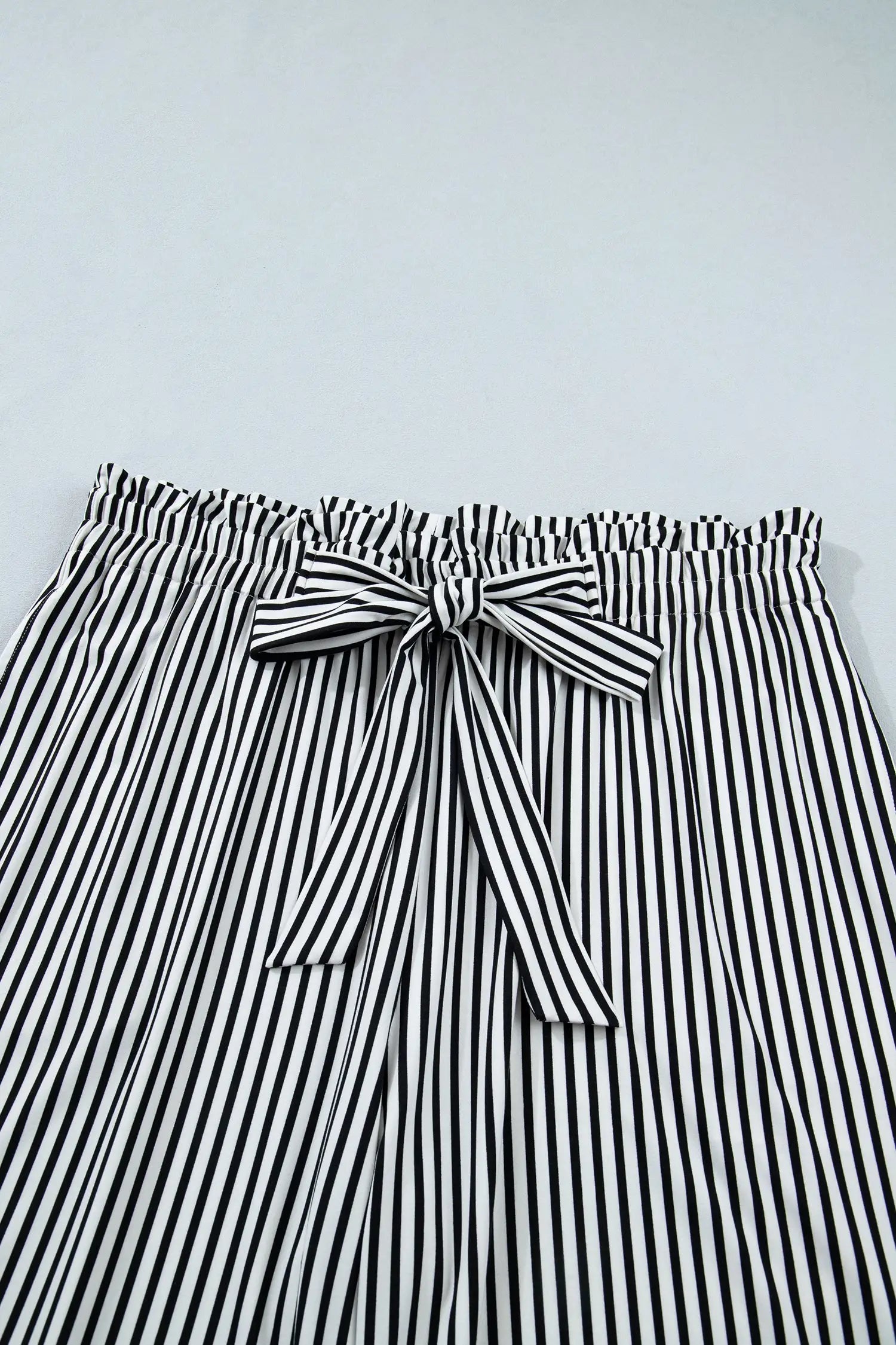 Black stripe plus size wide leg trousers elastic waist bow pockets