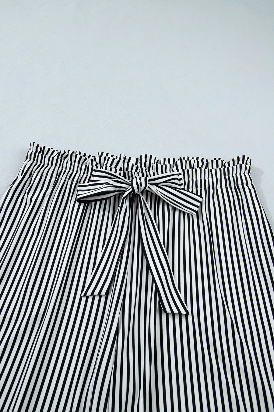 Black stripe plus size wide leg trousers elastic waist bow pockets