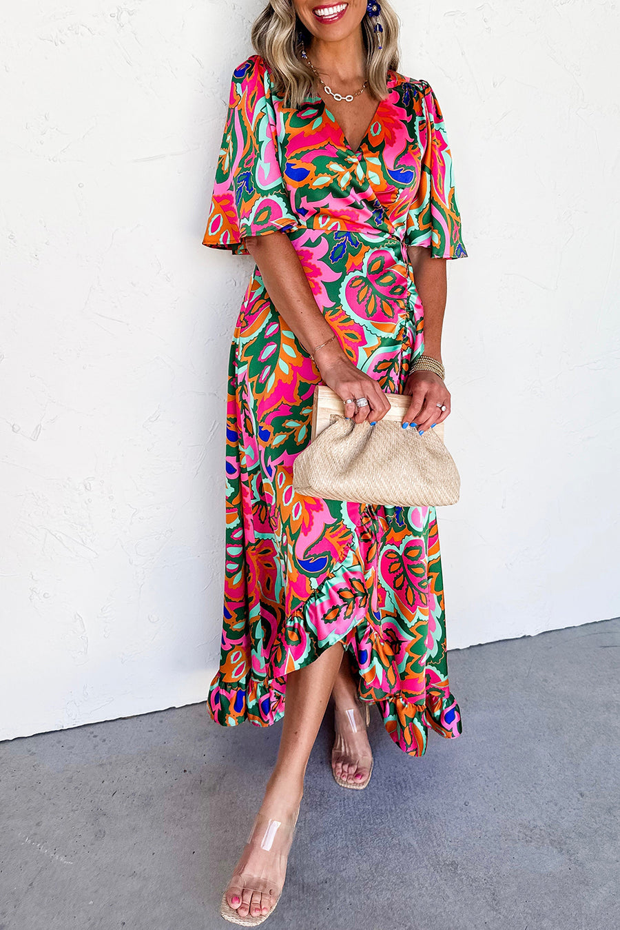 Rose Plant Print Surpliced V Neck Ruffled Slit Maxi Dress Women UK
