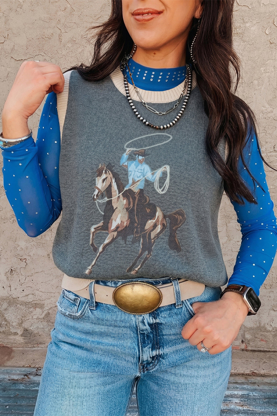 Western Print Colorblock Knit Vest Women UK
