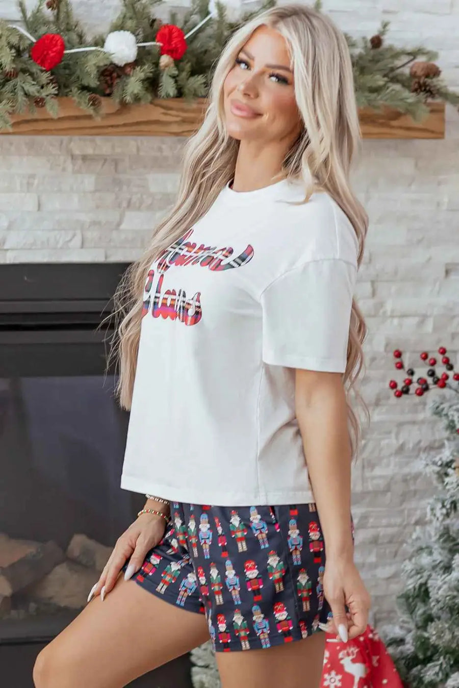 Pink nutcracker christmas lounge set graphic tee & print shorts loungewear