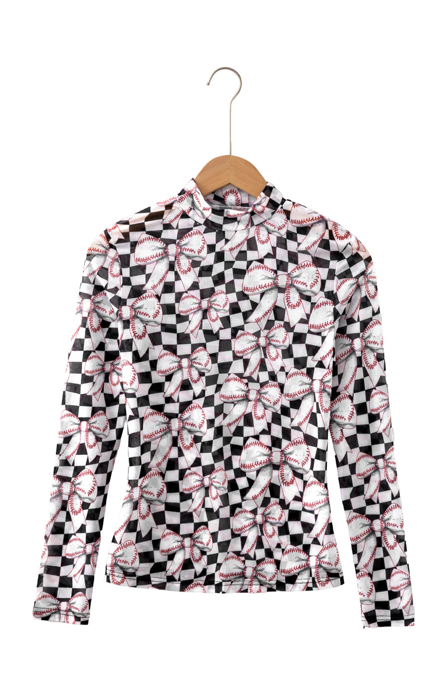Plaid Baseball Bow Long Sleeve Mesh Top Women UK