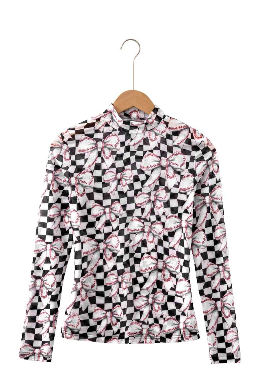 Plaid Baseball Bow Long Sleeve Mesh Top Women UK