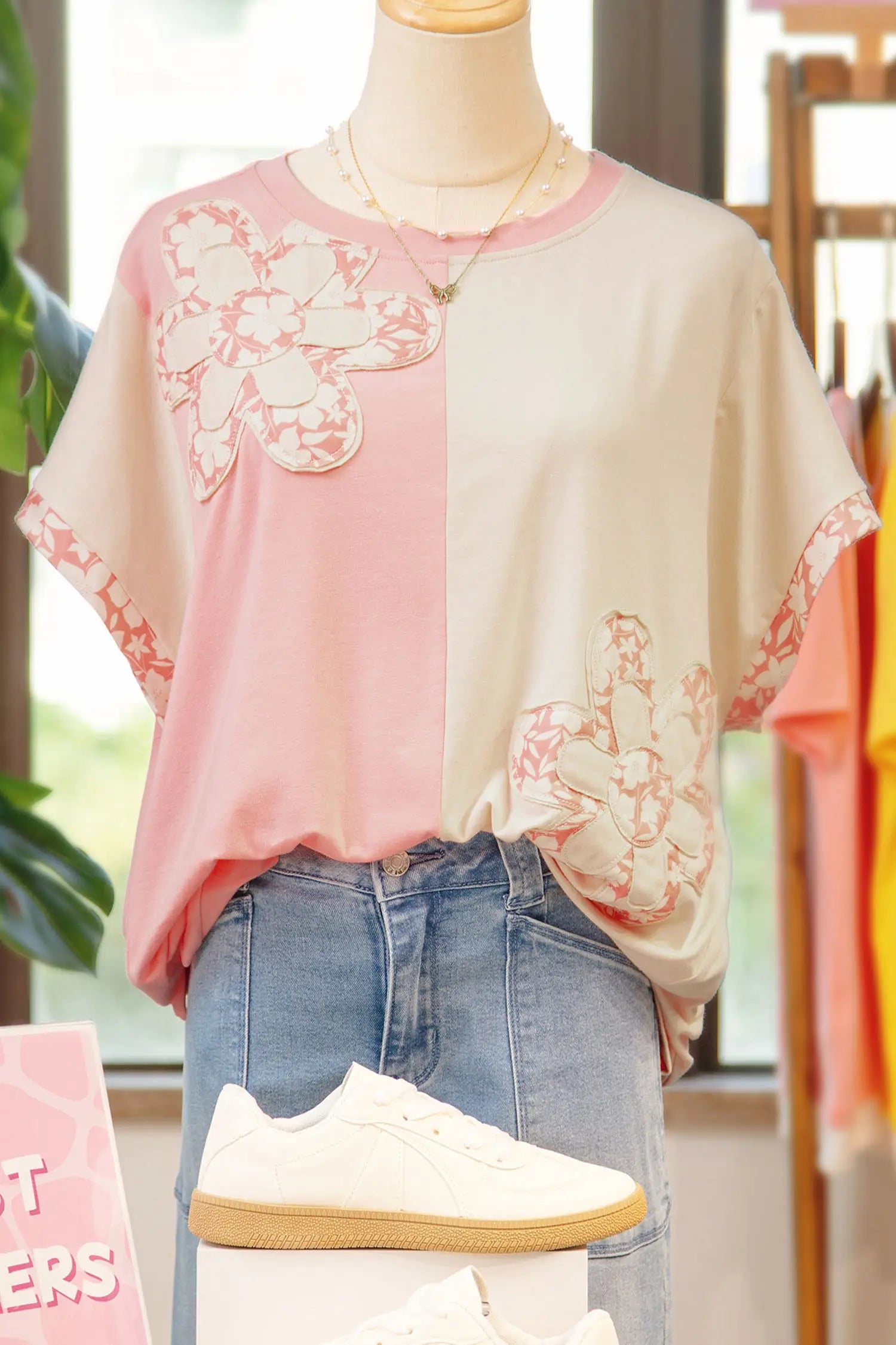 Apricot flower patch loose color block tee