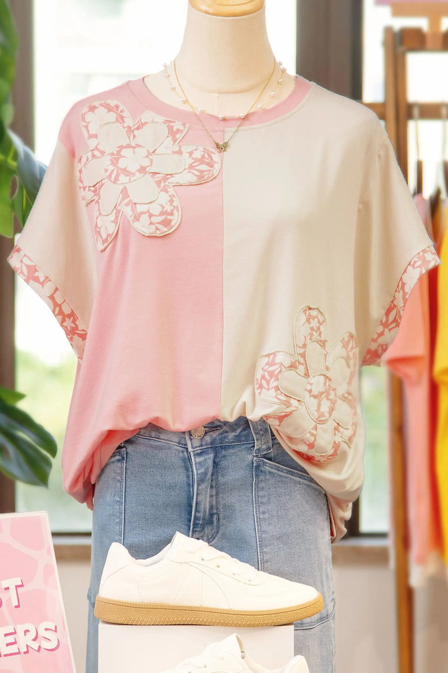 Apricot flower patch loose color block tee