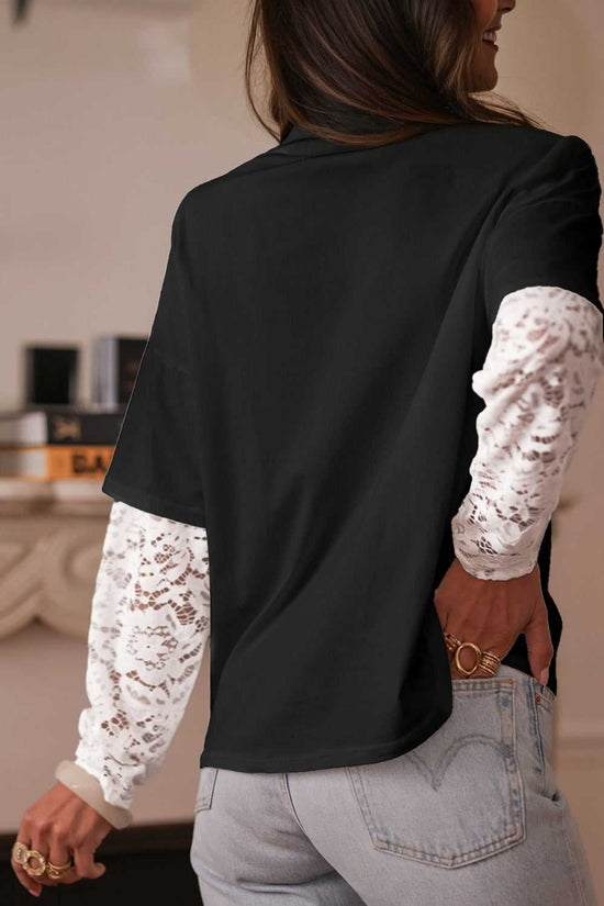 Rear view of model in Lace Sleeve Drop T-Shirt - Soft & Comfy | FashionFitz, highlighting the dropped shoulder and lace sleeve design.