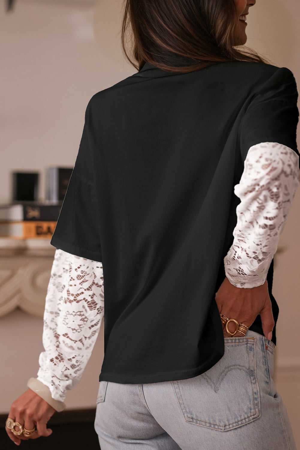 Rear view of model in Lace Sleeve Drop T-Shirt - Soft & Comfy | FashionFitz, highlighting the dropped shoulder and lace sleeve design.