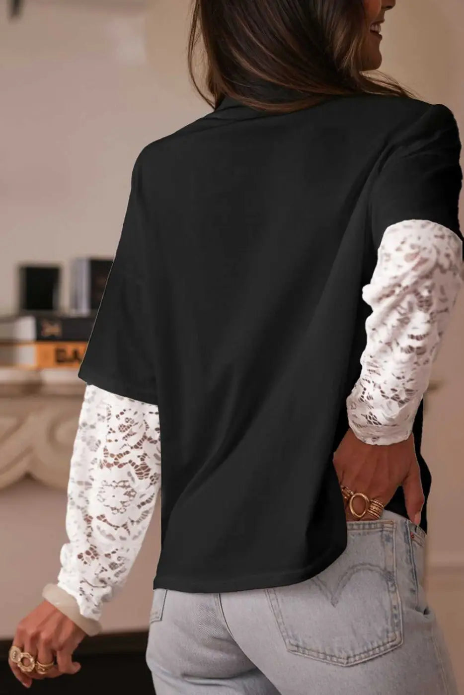 Rear view of model in Lace Sleeve Drop T-Shirt - Soft & Comfy | FashionFitz, highlighting the dropped shoulder and lace sleeve design.