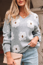 Oversized Grey Floral Knit Jumper – V‑Neck