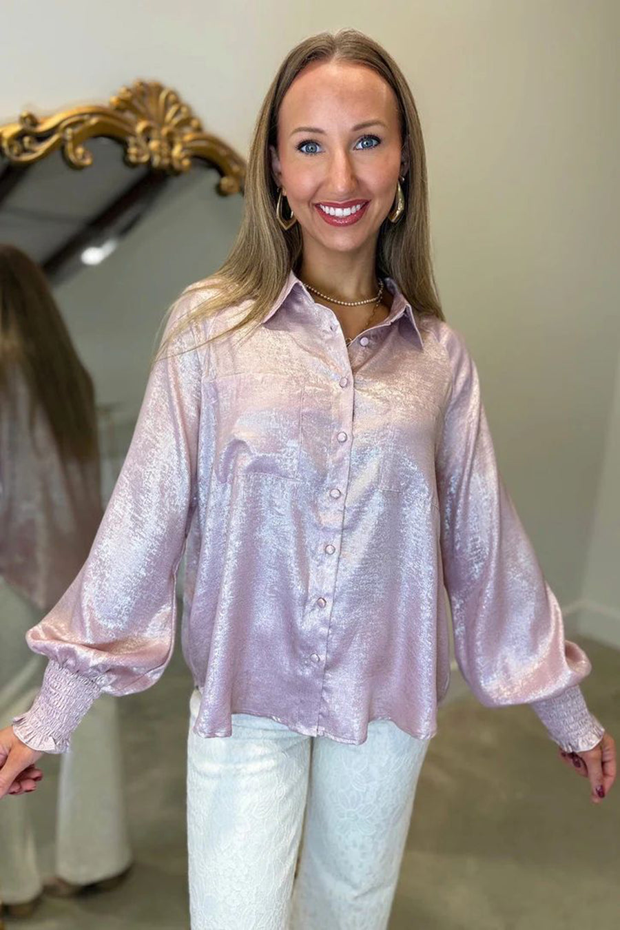 Button Front Ruffle Cuffs Back Paneling Blouse