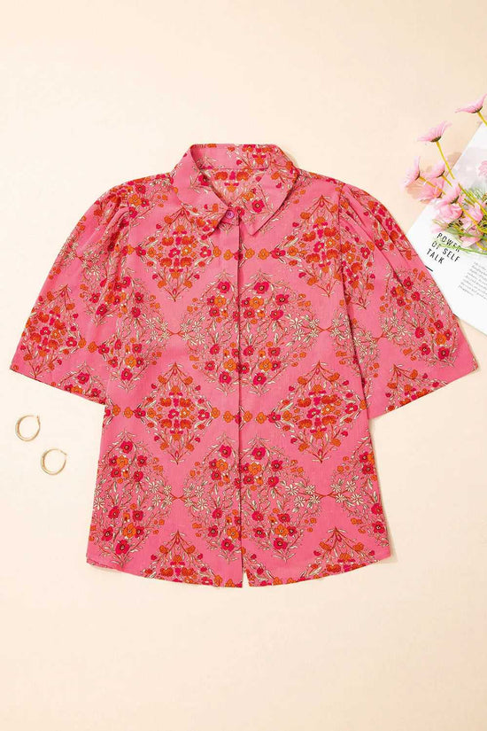 Rose Red Floral Loose Shirt - Fashionfitz
