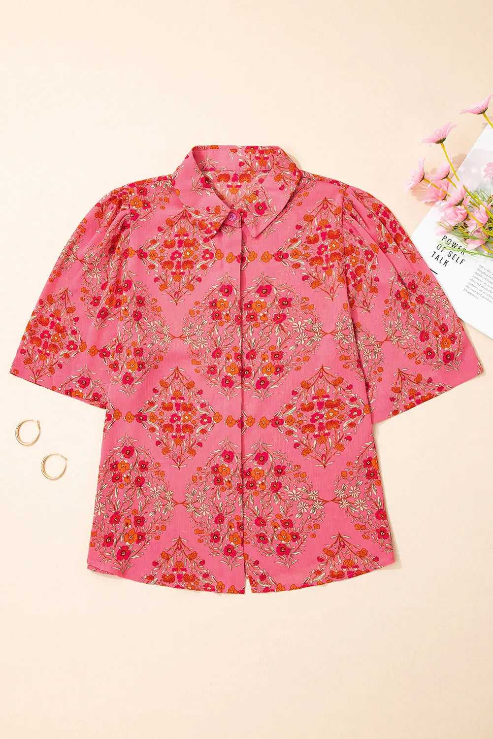 Rose Red Floral Loose Shirt - Fashionfitz
