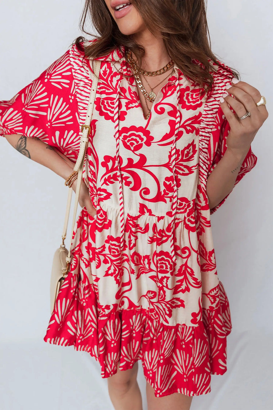 Red Floral Collared V Neck Half Sleeve Loose Mini Dress Women UK — full length