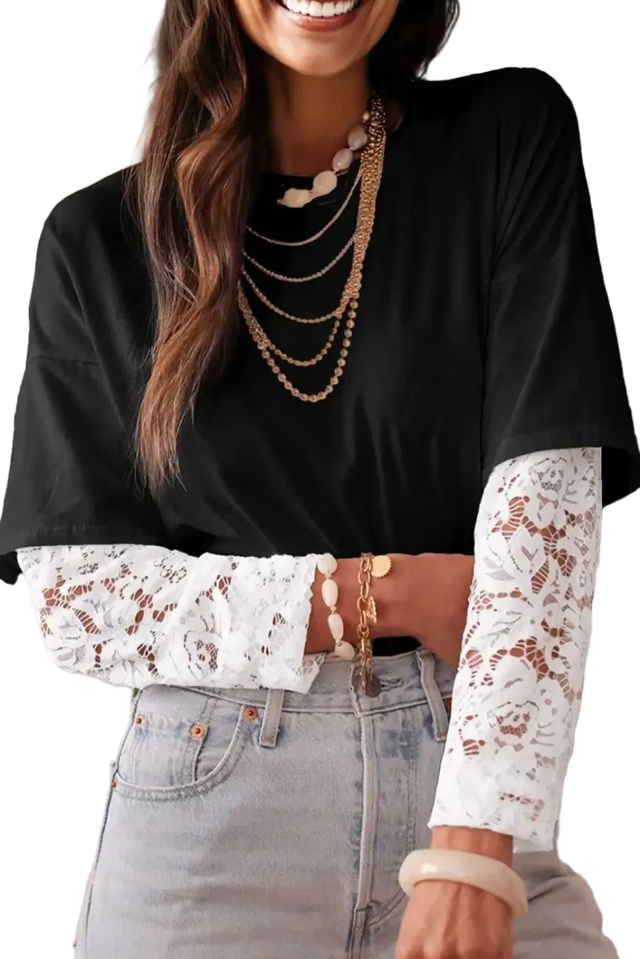 Model wearing the Lace Sleeve Drop T-Shirt - Soft & Comfy | FashionFitz, styled casually with jeans and layered necklaces for a chic look.