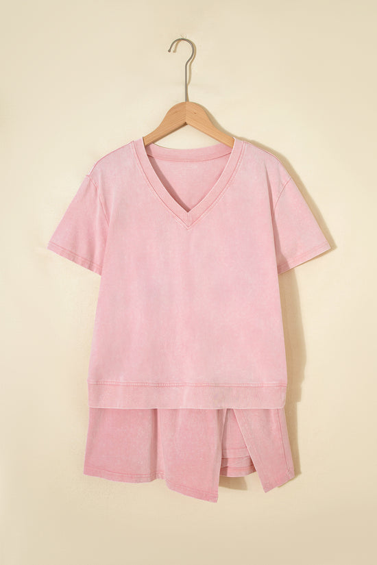 Mineral Wash V-Neck Tee Skort Set Two Piece Co-Ord High Waist Split Mini