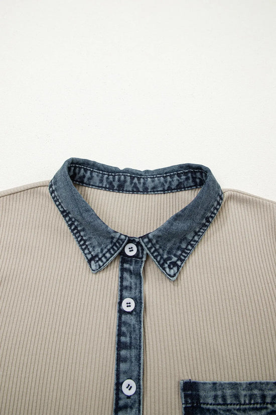 Beige short sleeve ribbed knit denim patchwork polo collar dress