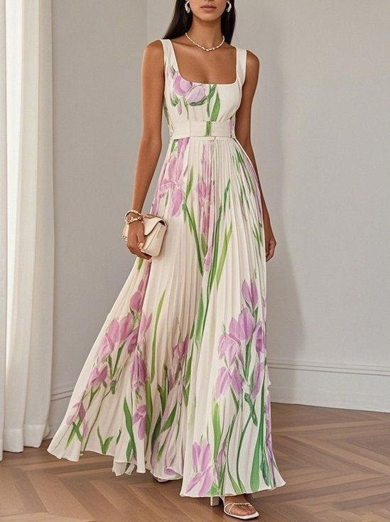 Floral pleated midi dress full length — midi length skirt women UK