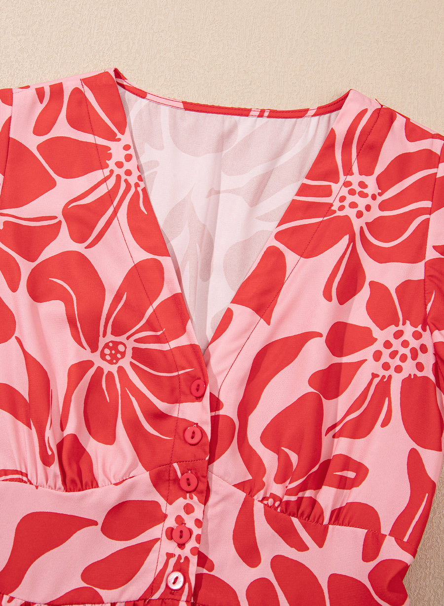 Red Boho Floral V Neck Shirred Waist Long Dress Women UK