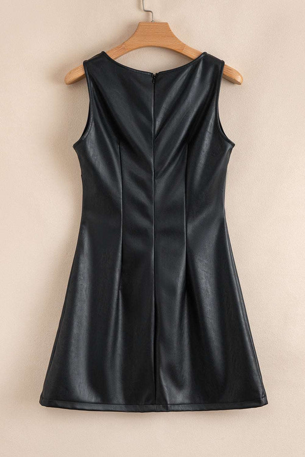Back of Black Vegan Leather Sleeveless Mini Dress on hanger, emphasizing the structured seams and hidden zipper for a clean finish.