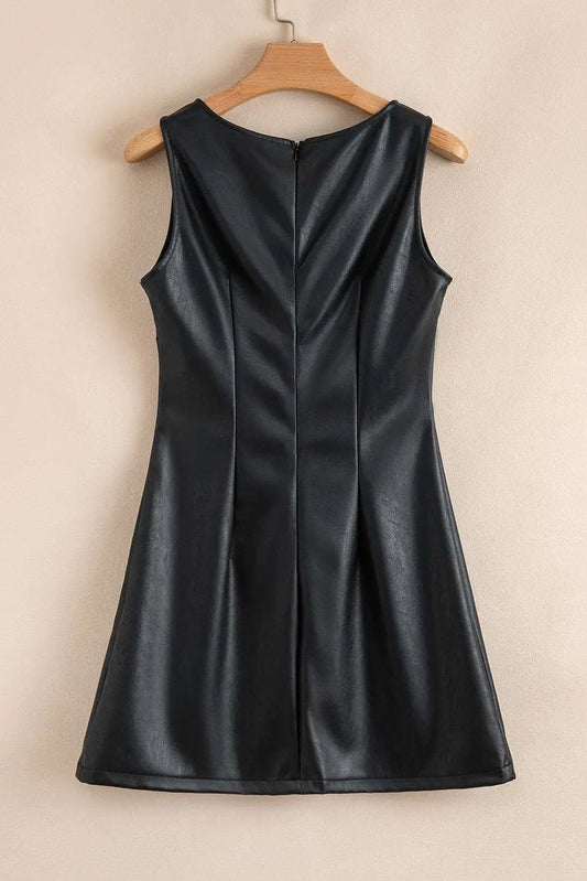 Back of Black Vegan Leather Sleeveless Mini Dress on hanger, emphasizing the structured seams and hidden zipper for a clean finish.