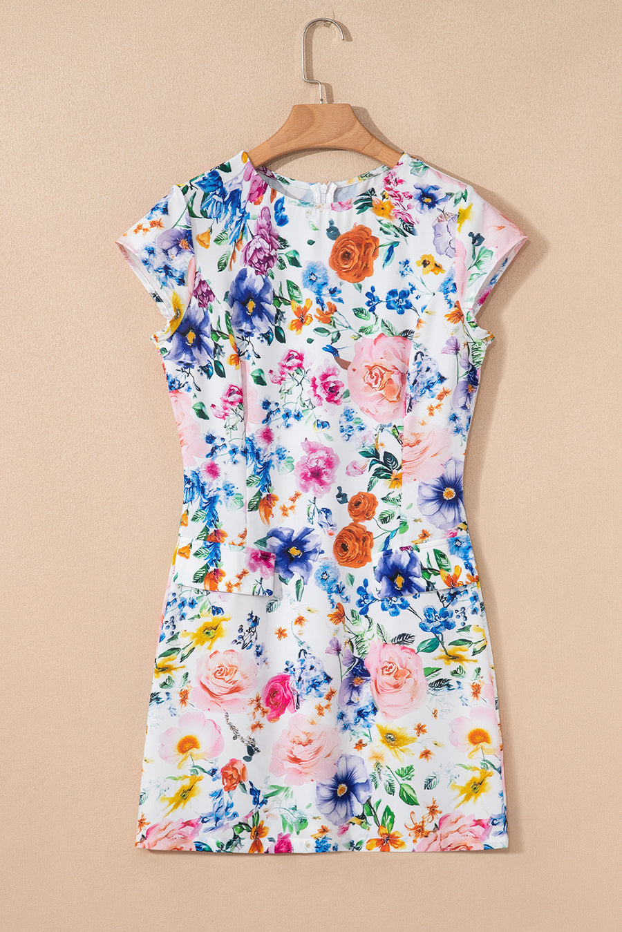 Sky Blue Vibrant Floral Print Cap Sleeve Mini Dress Women UK