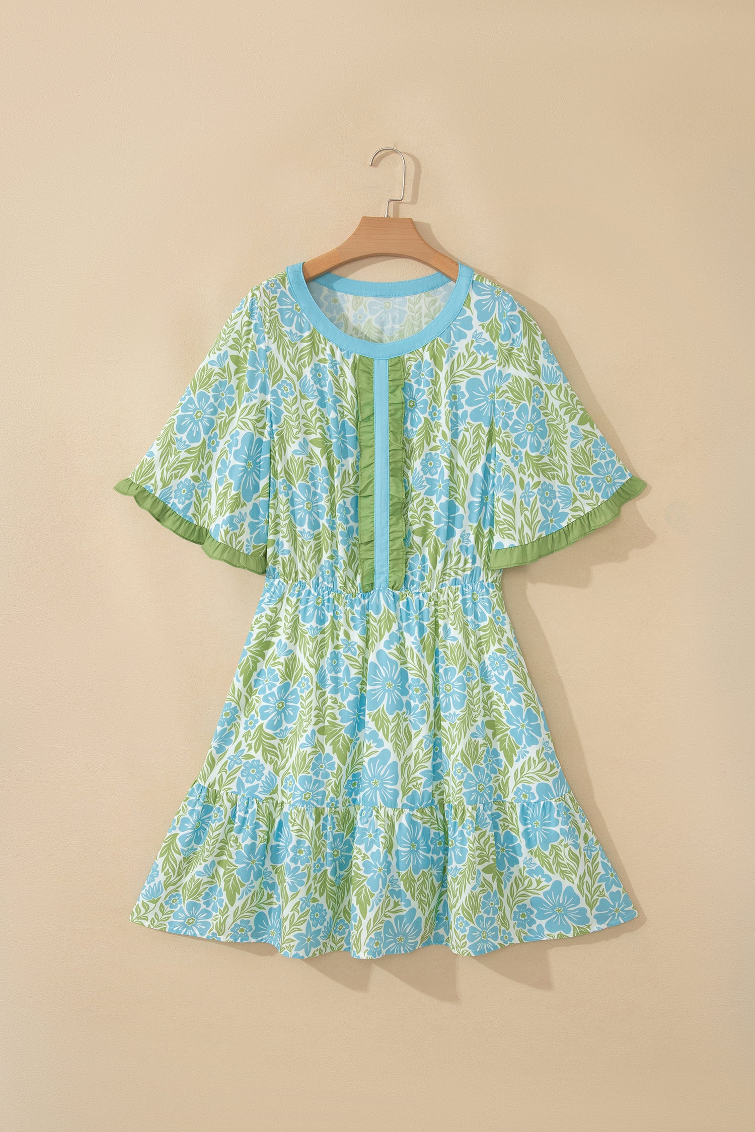 Sky Blue Floral High Waist Ruffle Short Sleeve Mini Dress Women UK