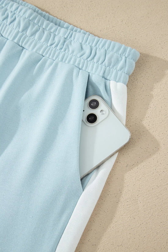 Mist blue contrast trim boxy tank top wide leg pant set pockets outfit sets